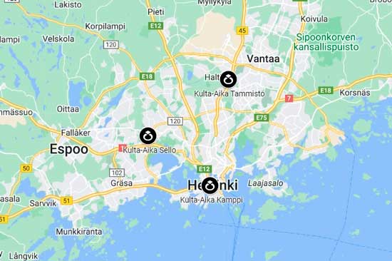 Kulta-Ajan toimipisteet pääkaupunkiseudulla kartalla