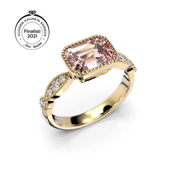 Festive Rosette timanttimorganiittisormus 0,16 ct keltakulta - Sivukivisormukset - 652-136-KK - 1