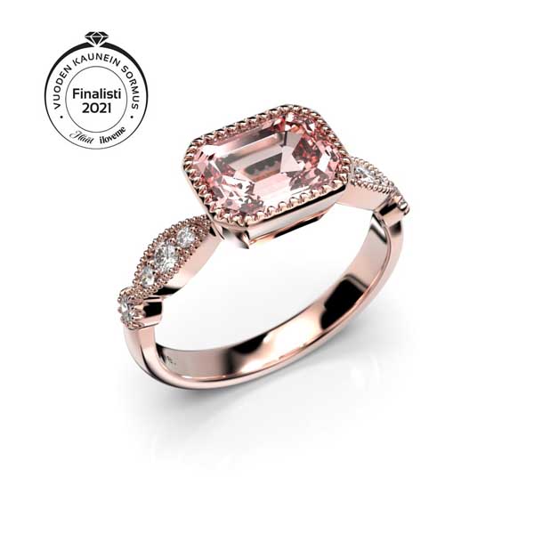 Festive Rosette timanttimorganiittisormus 0,16 ct punakulta - Sivukivisormukset - 652-136-PK - 1