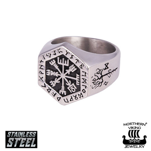 Northern Viking Jewelry Hexagonal Vegvisir sormus NVJSO027 - Terässormukset - NVJSO027-190 - 1
