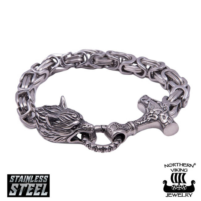 Northern Viking Jewelry Byzantine Thor's Hammer Wolf Head NVJRA016 - Teräskorut - NVJRA016 - 1