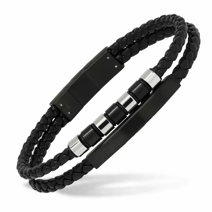 Miesten rannekoru, nahka ja teräs 21,5 cm SSLB-117Bmusta - Nahkakorut - SSLB-117Bmusta - 1