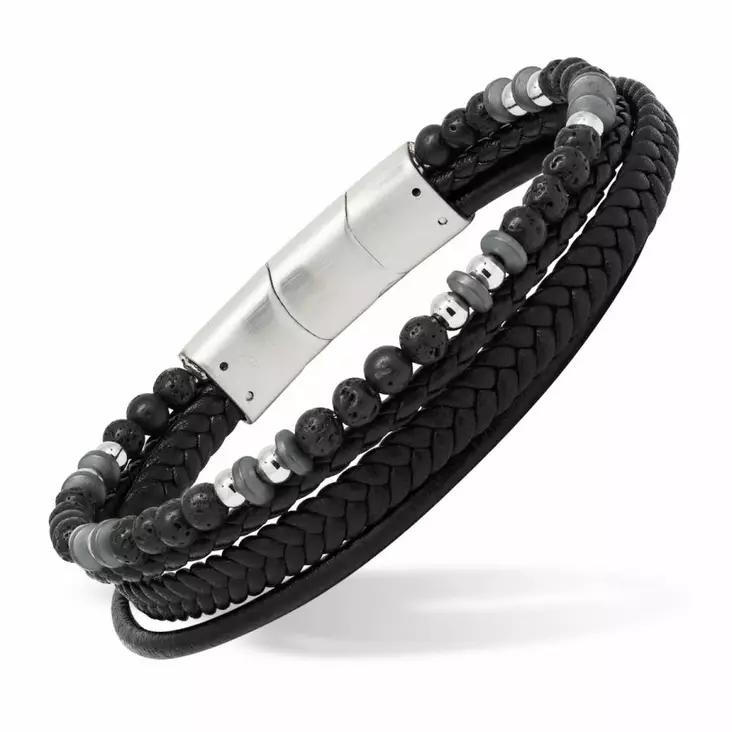 Miesten rannekoru, nahka ja teräs 21,5 cm SSLB-118musta - Nahkakorut - SSLB-118musta - 1