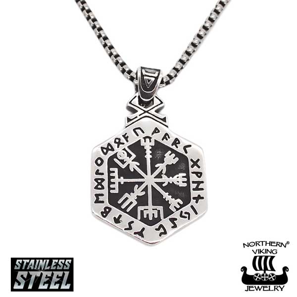 Northern Viking Jewelry Hexagonal Vegvisir NVJRS128 - Teräskorut - NVJRS128-55cm - 1